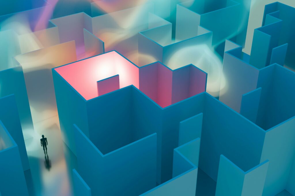 Explore a colorful abstract maze with surreal lighting, ideal for backgrounds or creative projects.